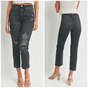 Just Black Denim Karla Ripped-Knee High Rise Straight Leg Cropped Black Jeans